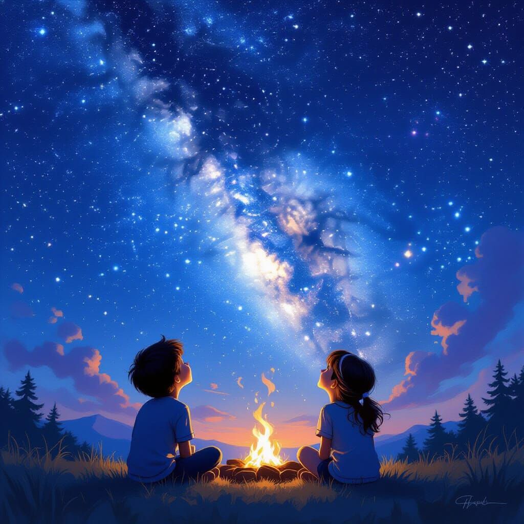 Children Gaze at Starry Night Sky by Campfire