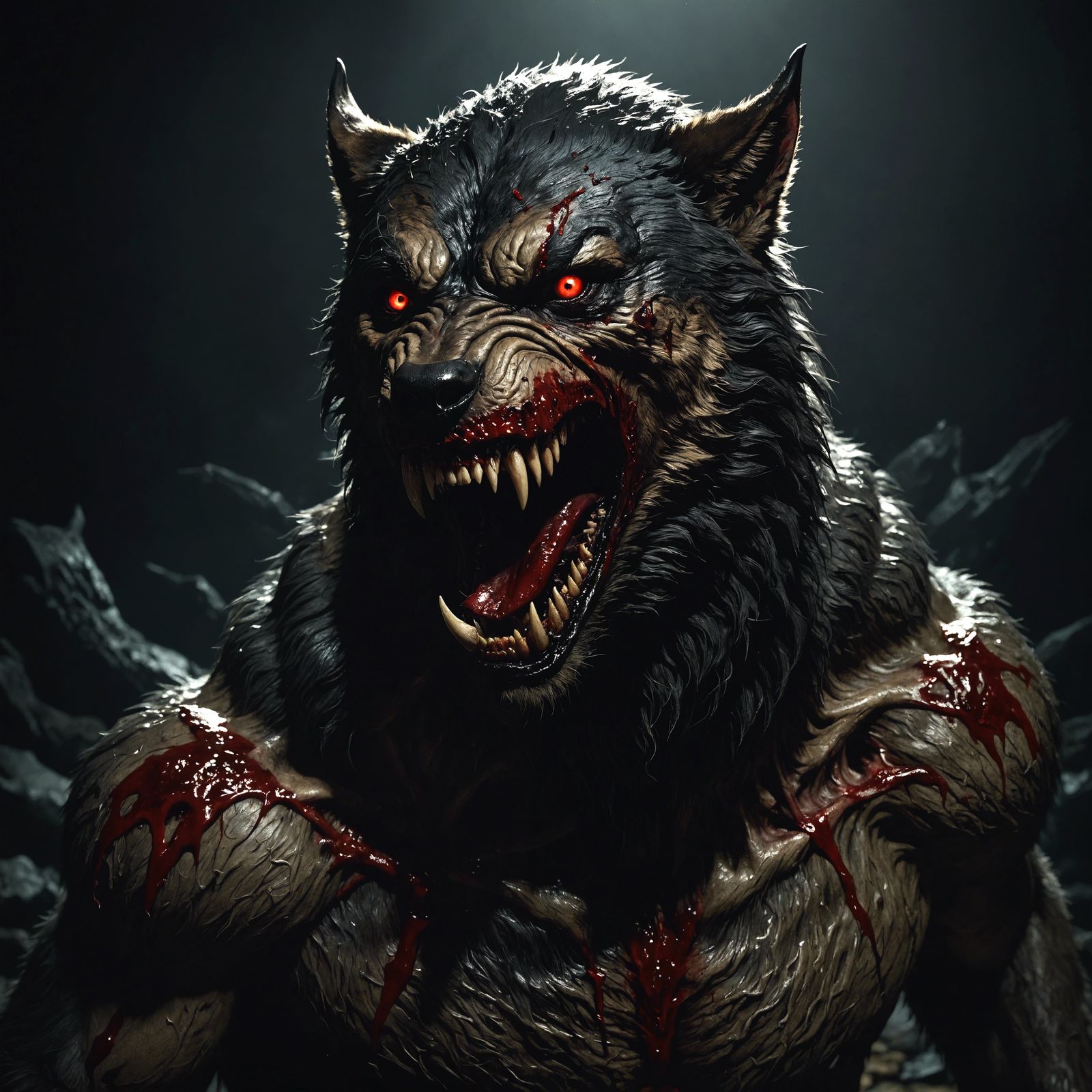 [A werewolf baring its bloody fangs], [blood dripping off th...