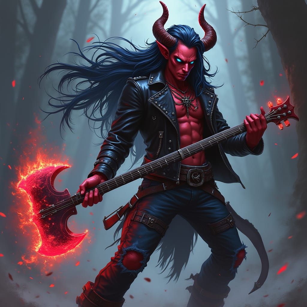 Dark Fantasy Tiefling Bard in Epic Rock Pose - AI Art