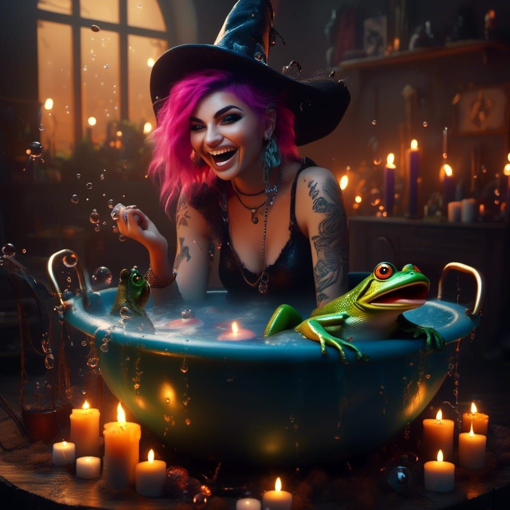 <lora:Witches:1.0> Hyper-realistic digital art. Medium shot. A bad girl punk witch laughing, and a frog bathing in a bubble bath cauldron, i...