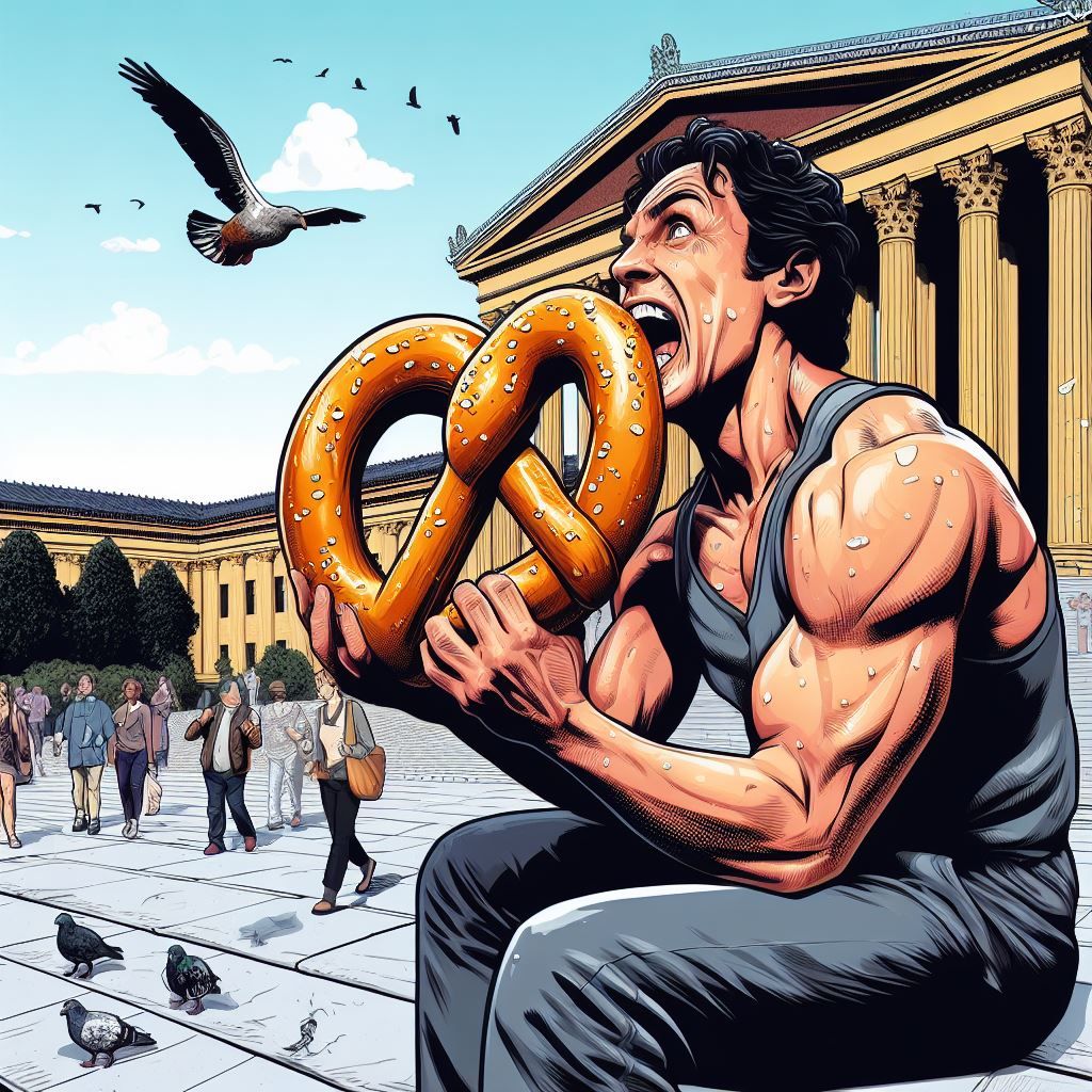 Rocky eats a Pretzel at the Philadelphia Museum of Art
