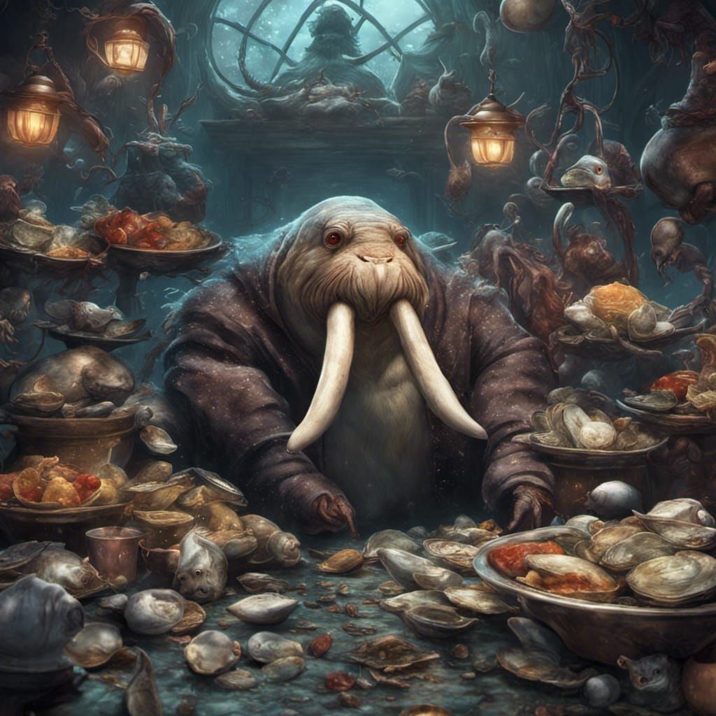 Horror walrus and anthropomorphic oysters; Alice in Wonderland AI