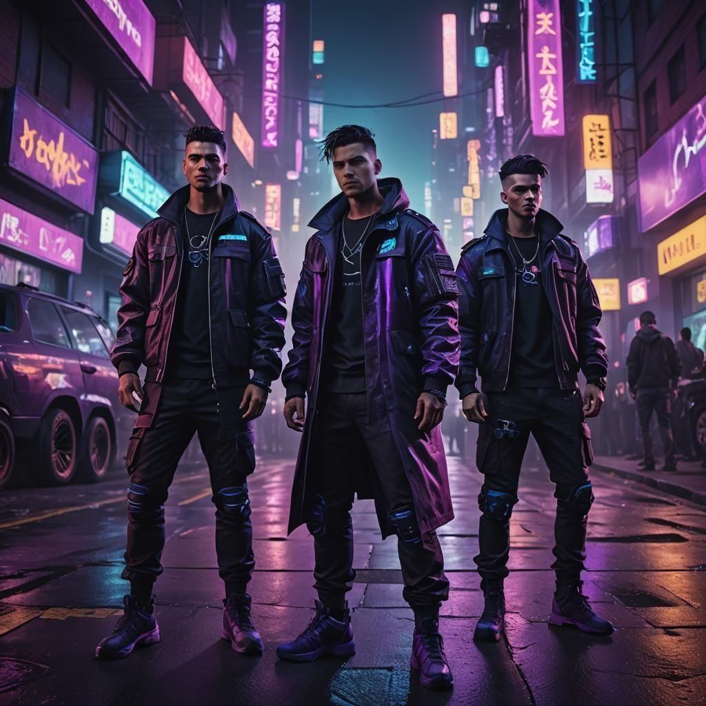 white young men modern gang on the dark city street