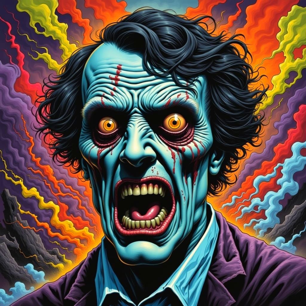 A highly detailed picture of an insane man with a crazy maniacal look on his face from Edgar Allan Poe's The Tell-Tale Heart. Creepshow styl...