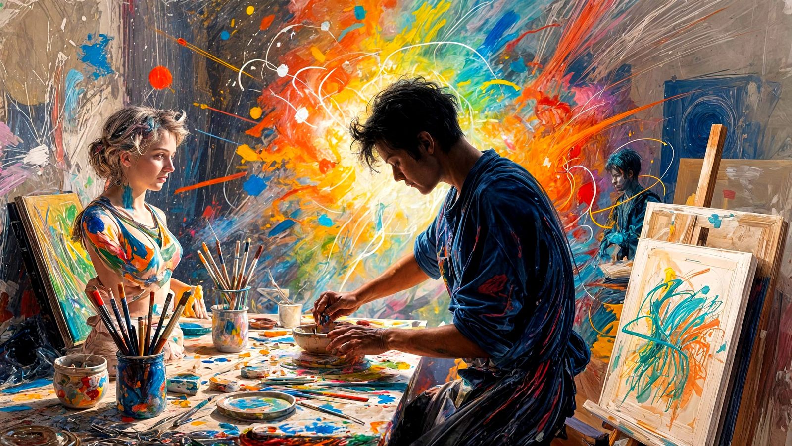 A lone artisan, silhouetted against a vibrant, abstract explosion of color and light, their hands stained ...  by @Carlos