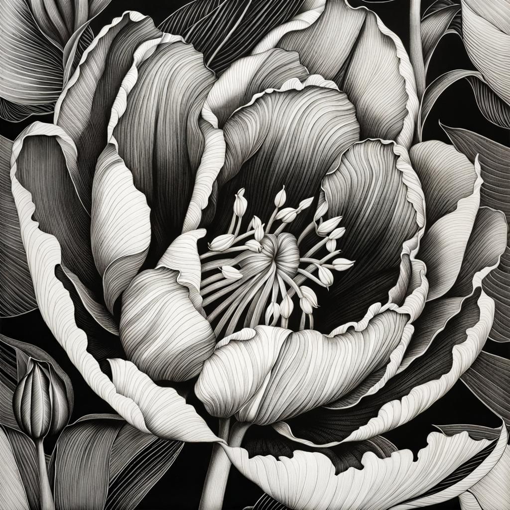 Insanely detailed pen and ink botanical drawing, precise and...
