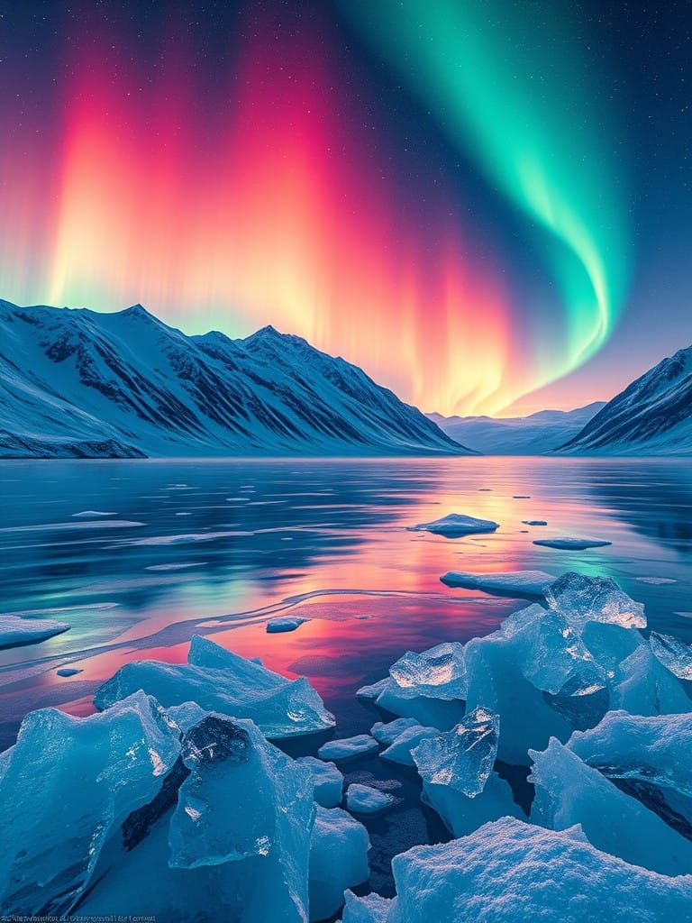 an icy lake with northern lights  by @Ima