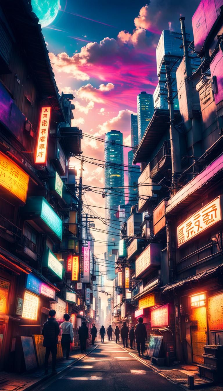 Tokyo village with colorful cyberpunk lights and vibrant pla...