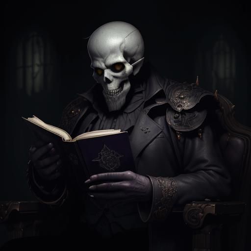 an old man reading a black leather bound tome, the skull vis...