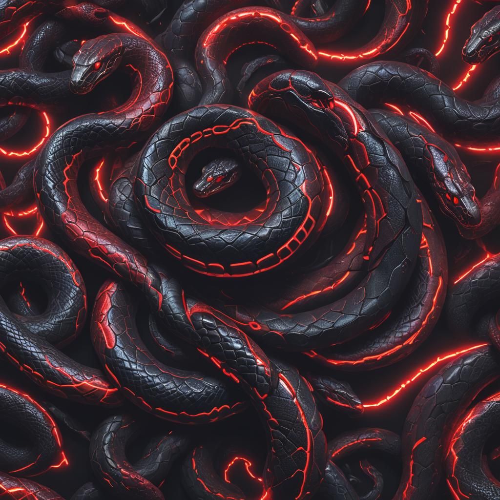 A giant snake cobra sleeping. It is black and red. Neon ligh...