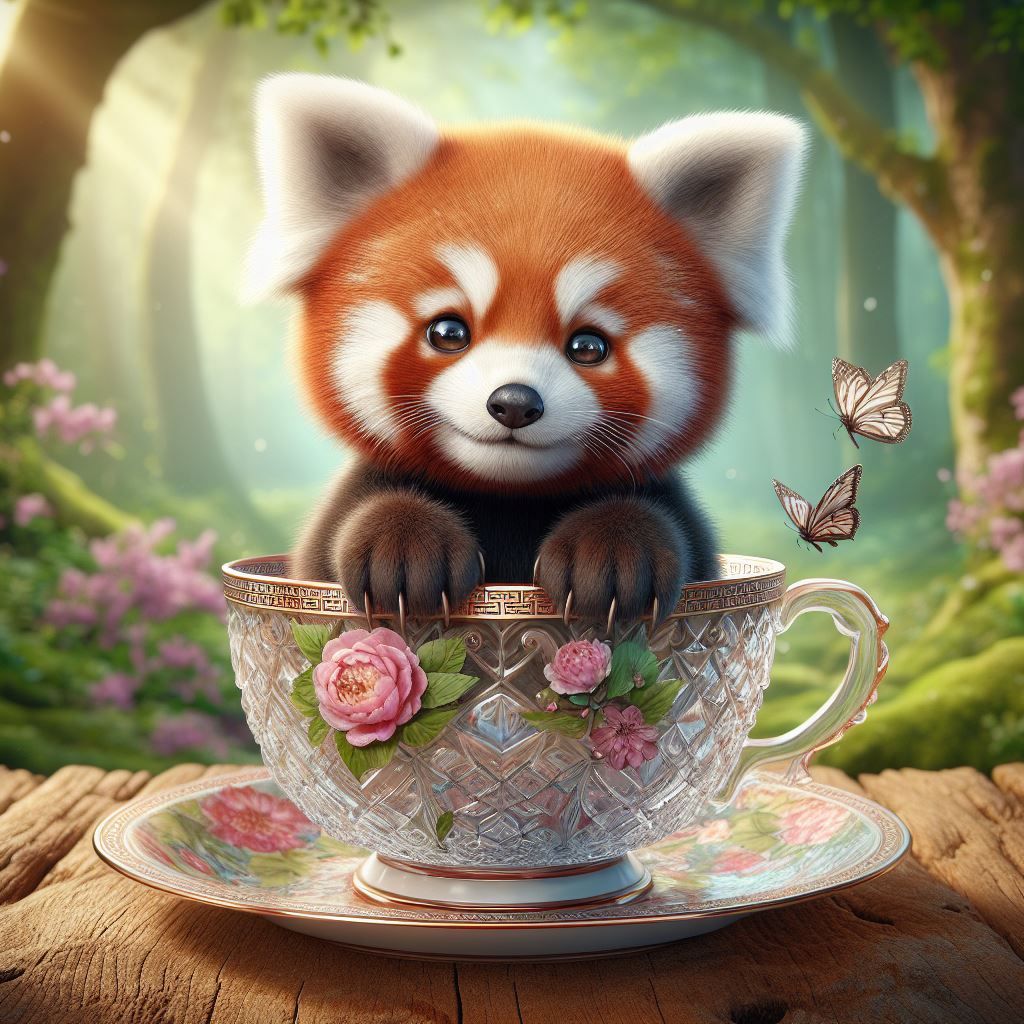 cute little Red Panda in a crystal teacup