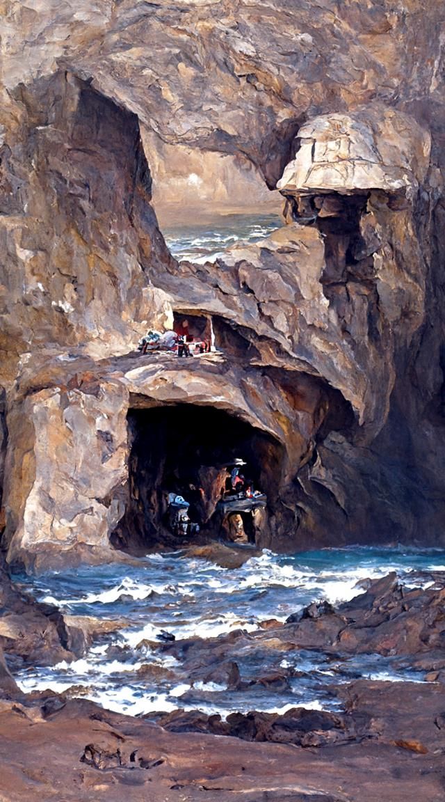 A smugglers cave that looks out to the ocean, oil painting b...