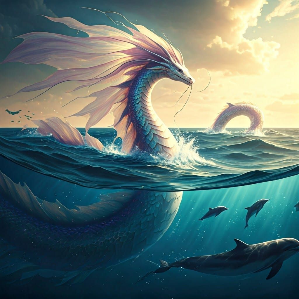 Sea serpent playing with dolphins  by @Tiny Pearl Cat