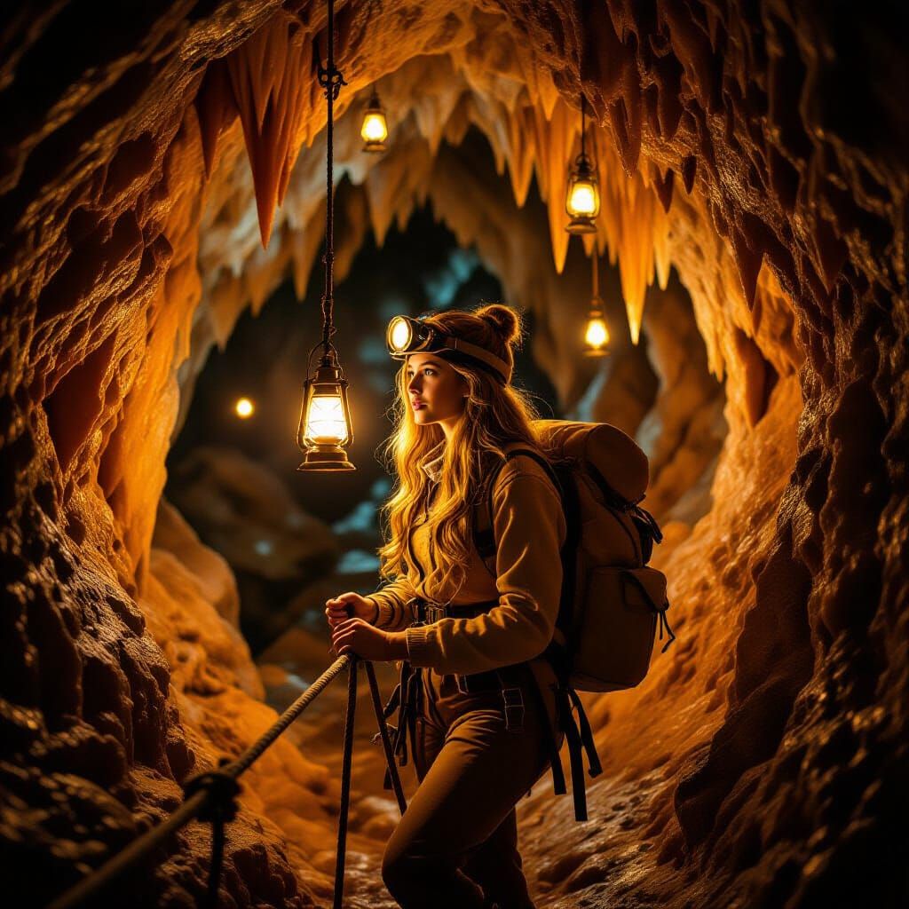 Deep within a magnificent limestone cavern, a beautiful 30 year old woman explorer with long golden hair tied up is dressed in 1950s spelunk...