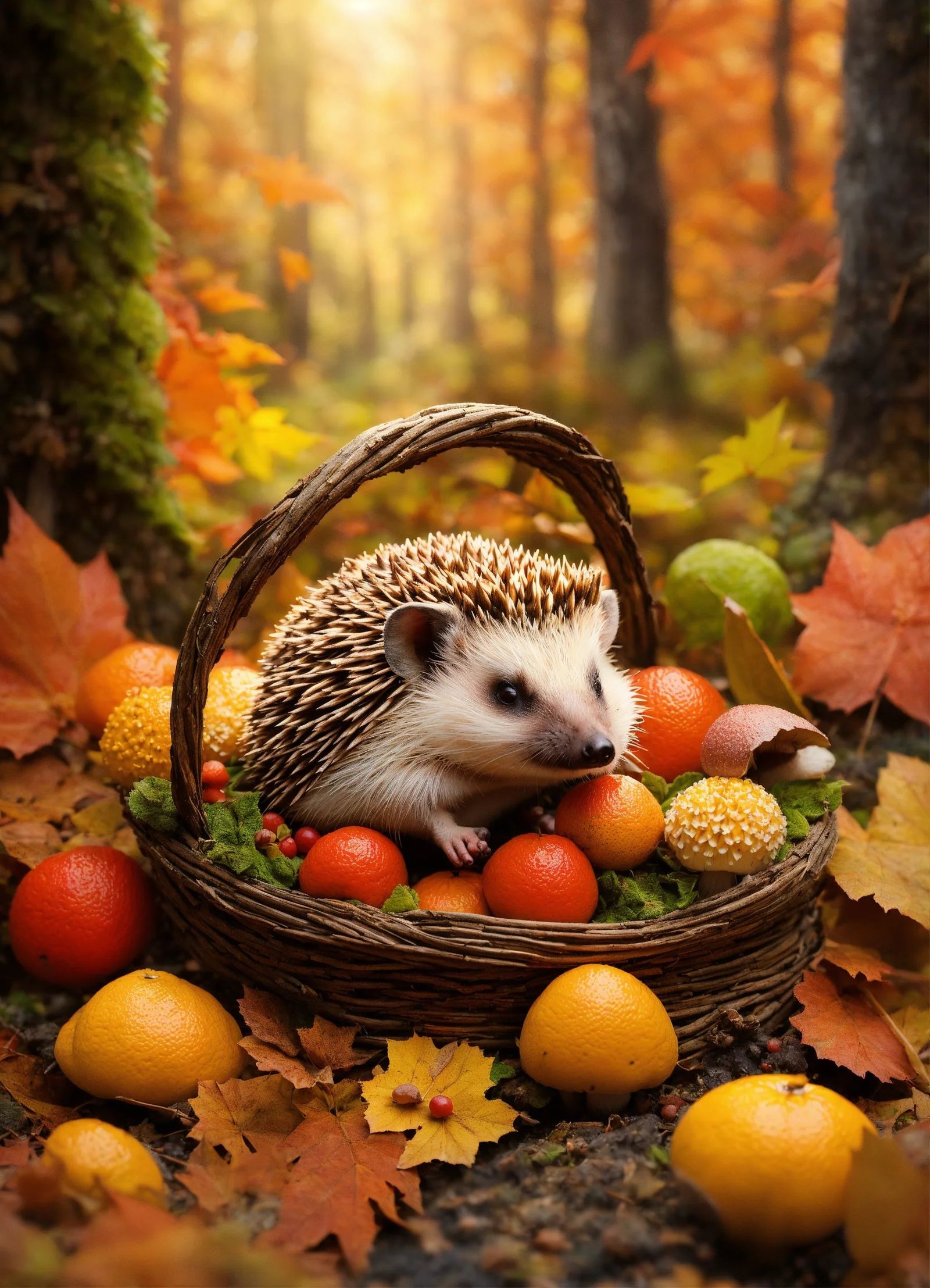 autumn, a hedgehog with mushrooms and berries on its back on needles, the image in the middle of the picture in muted an...