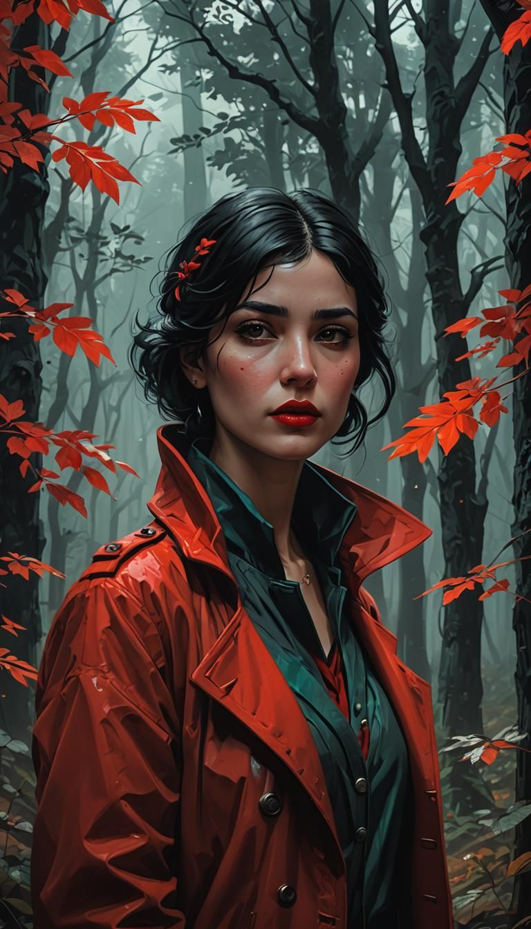 Syrian woman, short black hair, red lips, red coat, dark for...