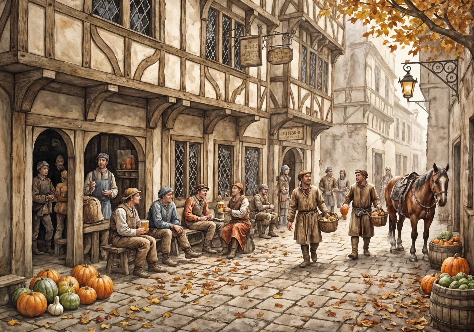 An award winning watercolor painting of a medieval tavern in an autumn alleyway, with fallen leaves on ...  by @CyberneticBionic