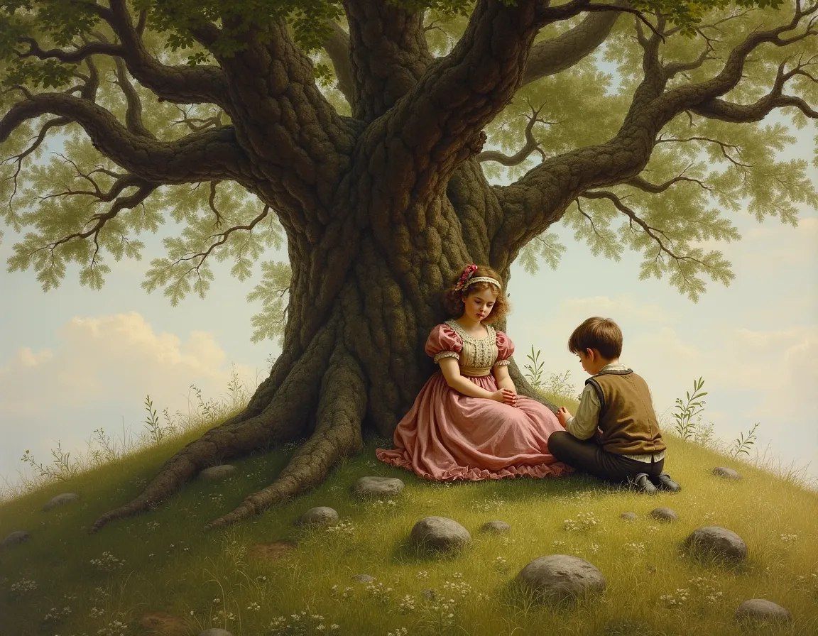 Children are resting under a tree