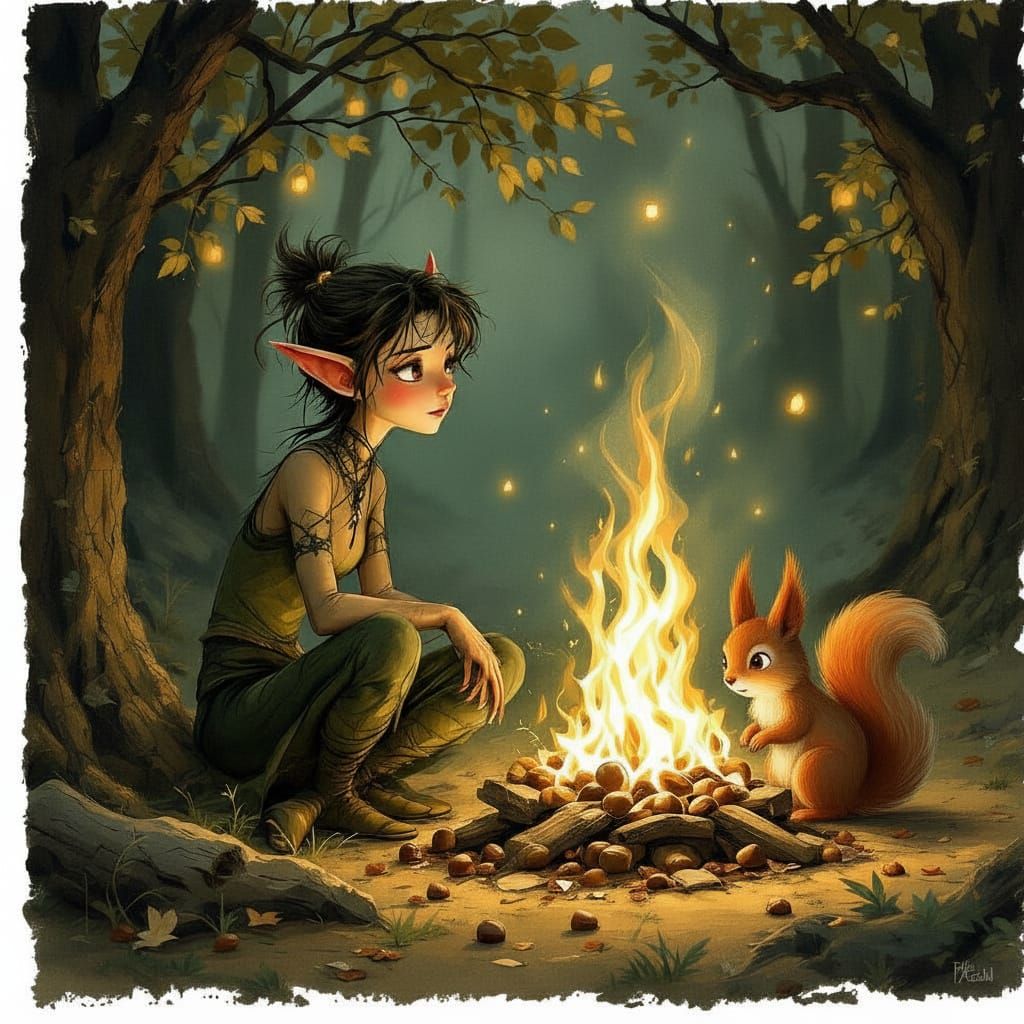 An elf and a red squirrel sat by a warming campfire waiting for the chestnuts to roast. 