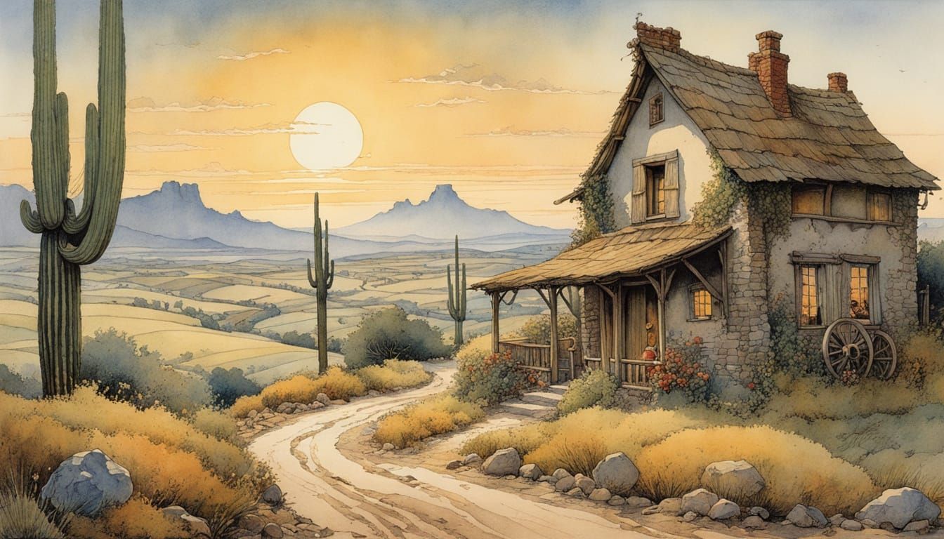 Arizona Night Scene in Storybook Illustration Style