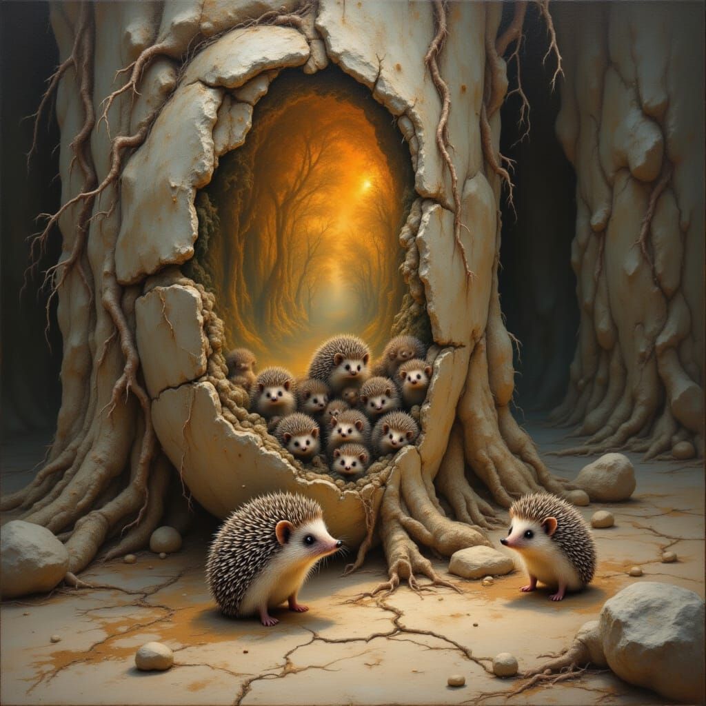 Surreal Fossil Structure with Dryad Hedgehog and Minions