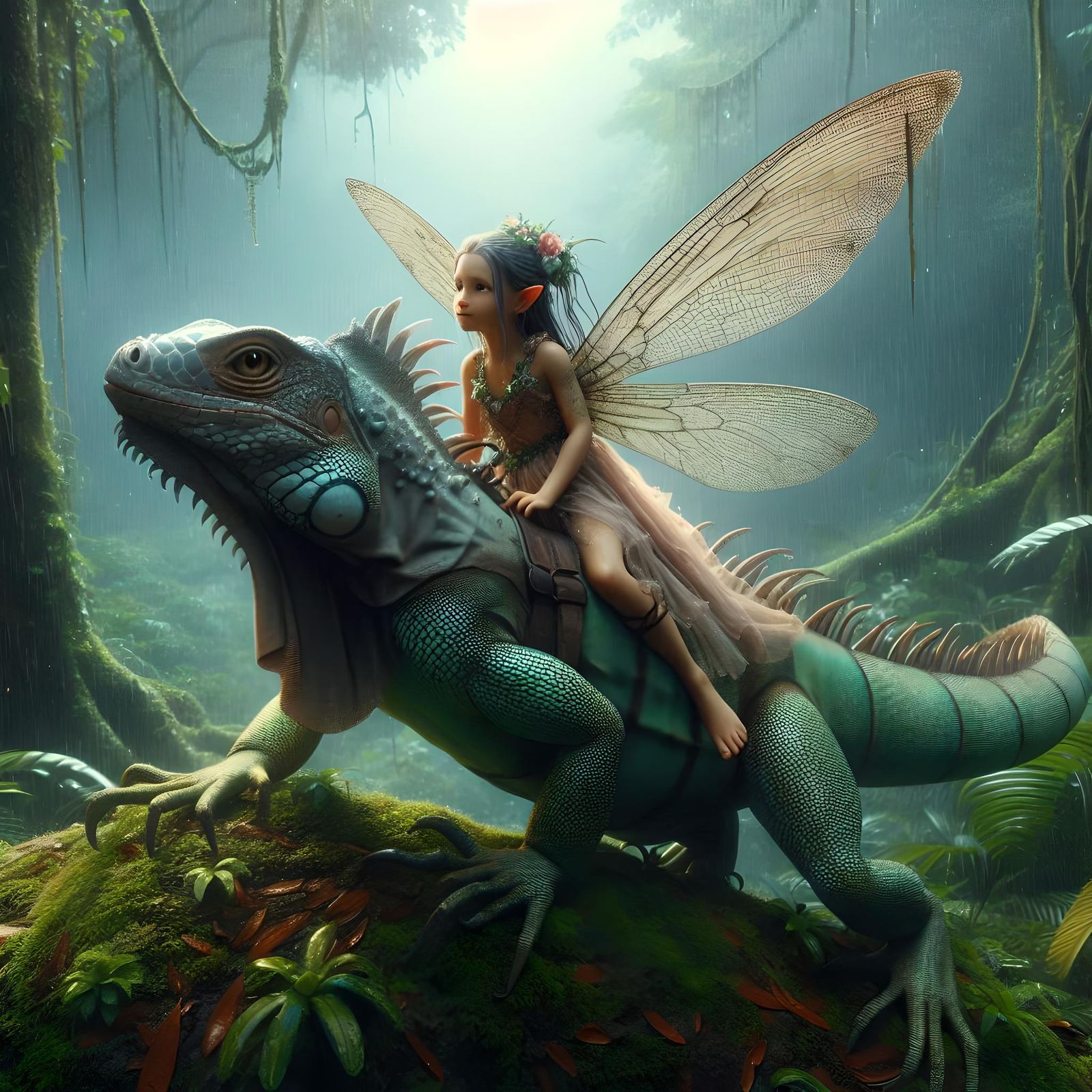 Fairy riding iguana