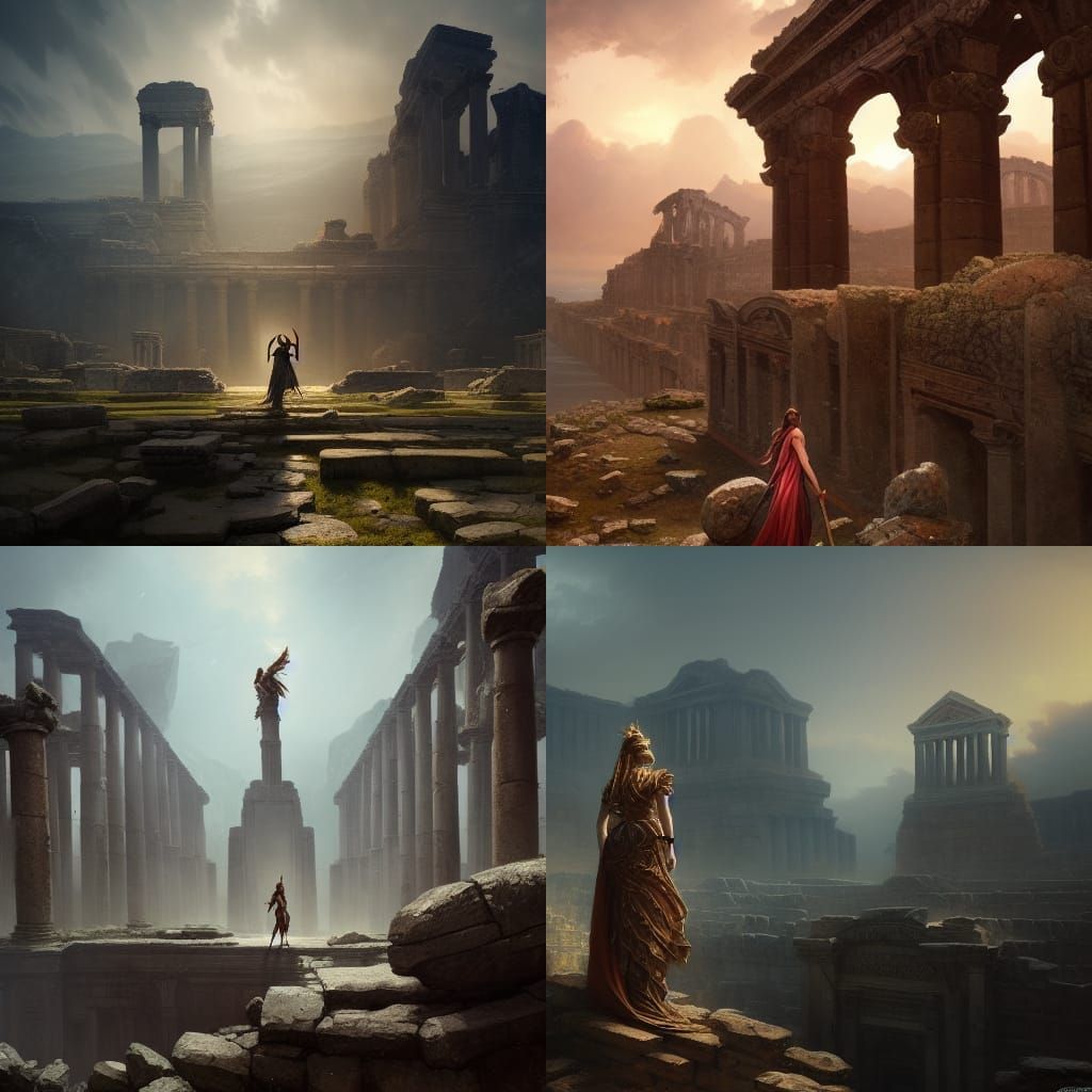 Goddess standing over ancient ruins