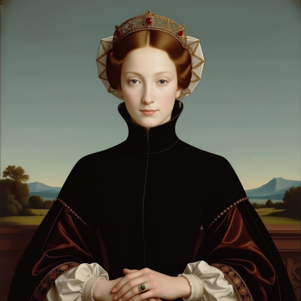 Renaissance Mannerism style portrait of English Queen Consort Anne of Cleves with her hands clasped. Her crown's cloth is a shorter kerchief...