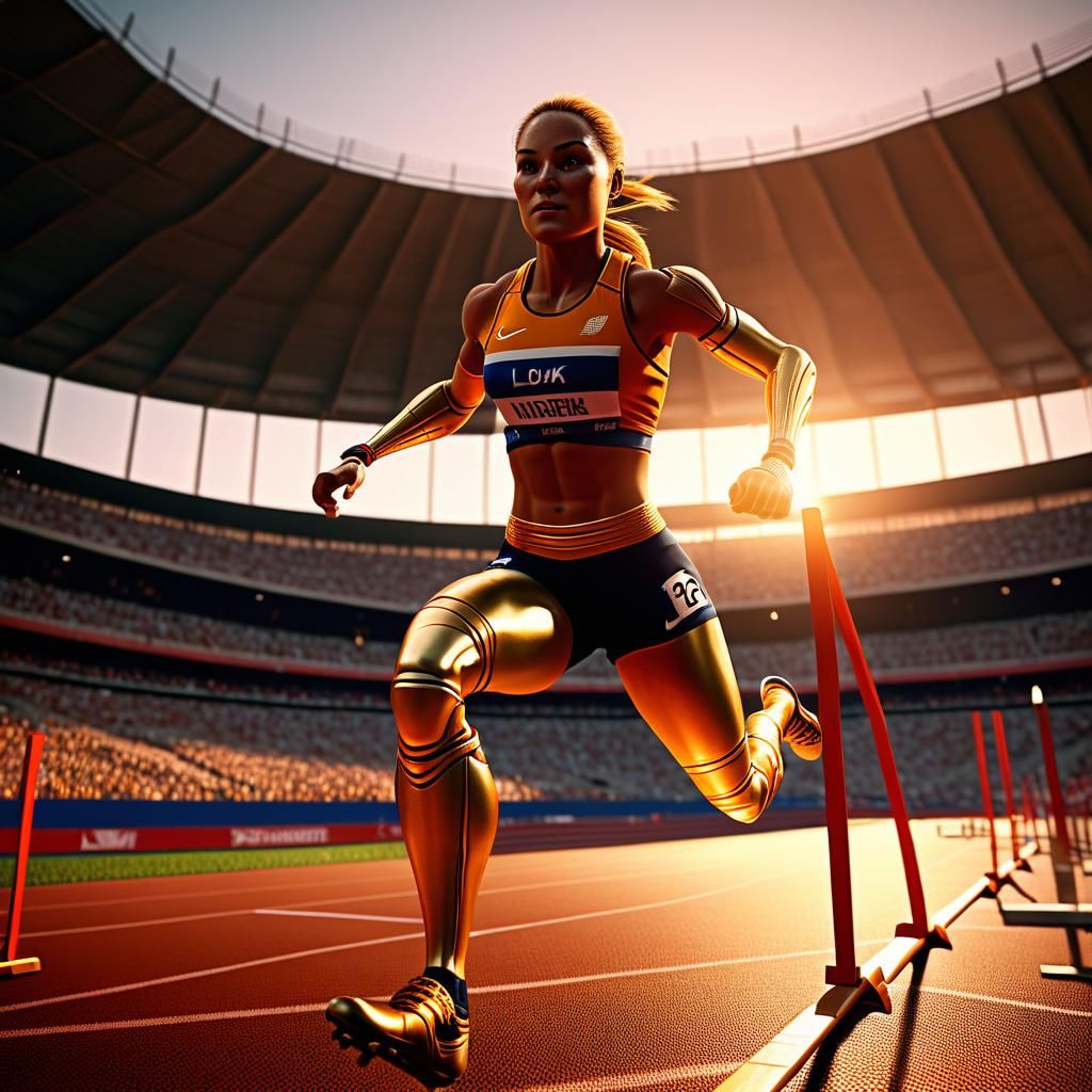 Paralympic woman with a prosthetic leg, running  by @Dorian