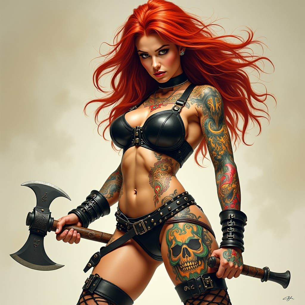 a gorgeous red-haired and a ax ready to kill 
