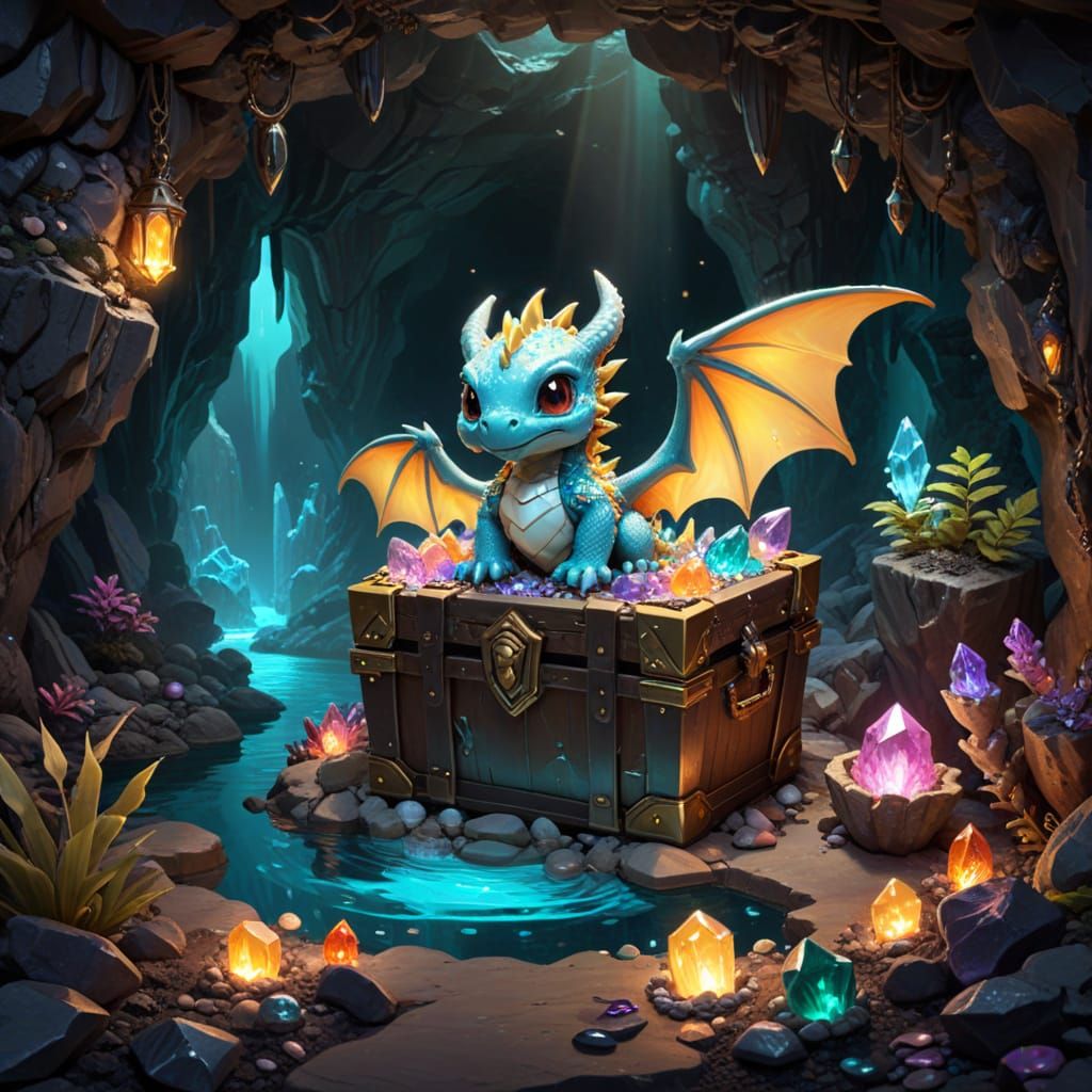 Glowing Cavern Treasure with Chibi Dragon Guardian