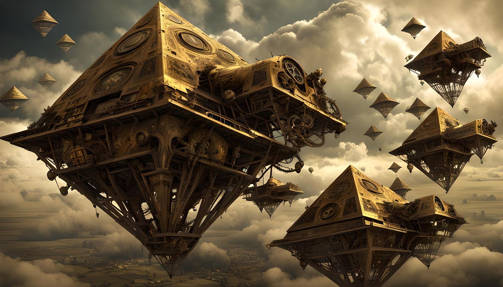 steampunk flying pyramids - AI Generated Artwork - NightCafe Creator