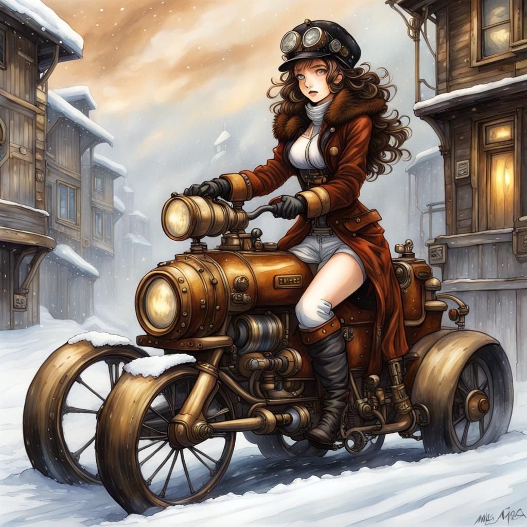 draw "Miele" as a Steampunk girl like the artist italian "Milo Manara" , Draw snow and ice every where, ...  by @undefined