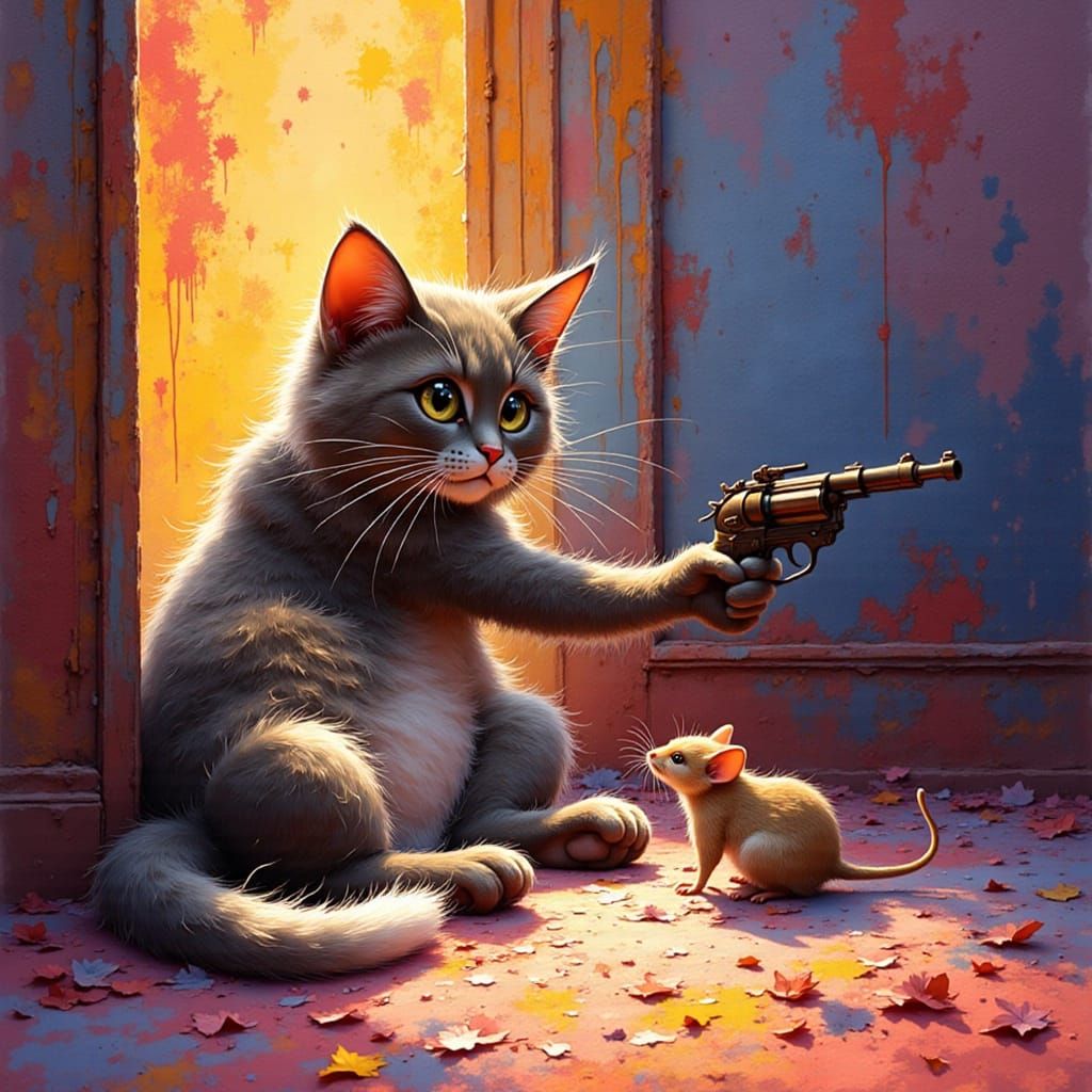 Cat with Gun Confronts Mouse in Cartoon Style