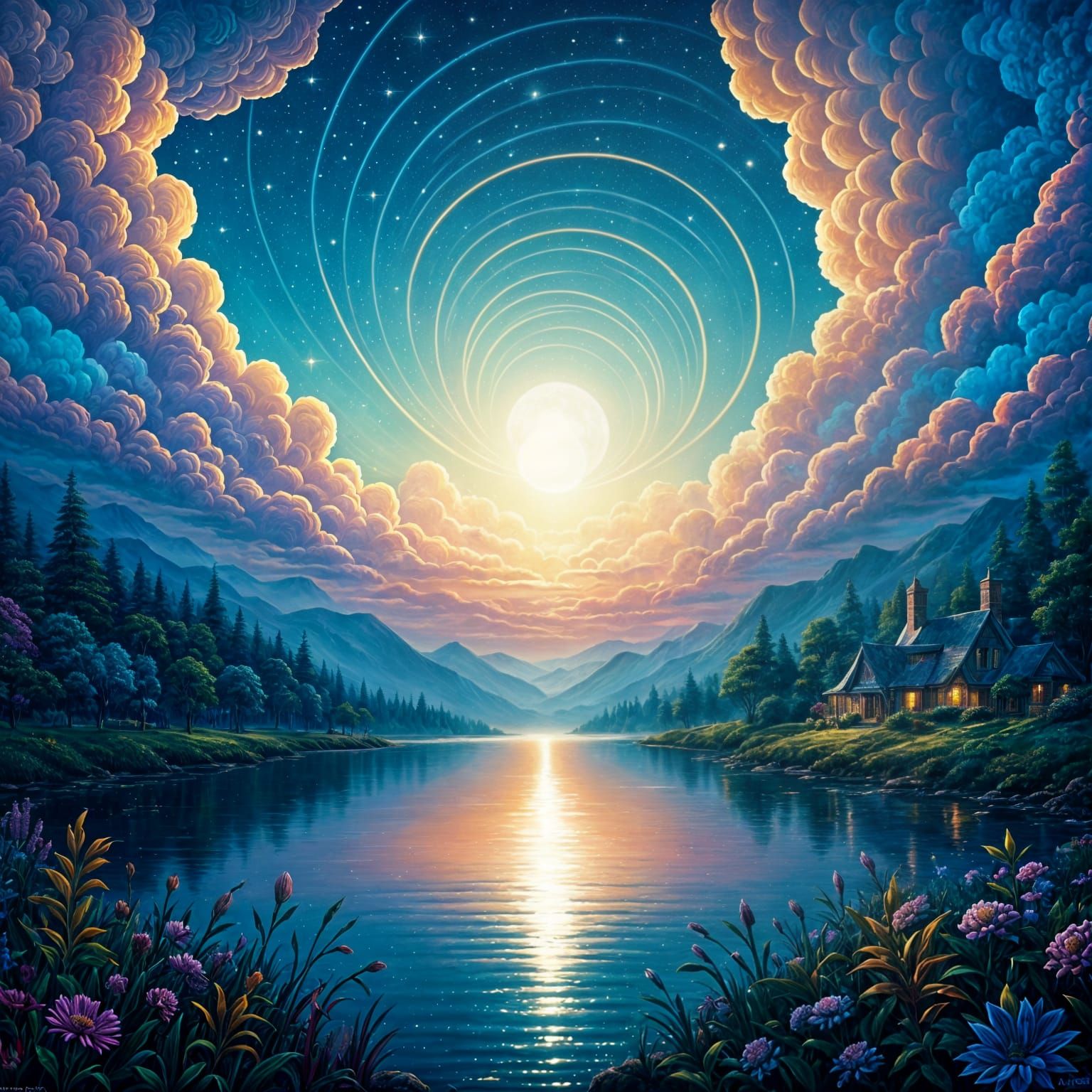 Beautiful lake with majestic moon..  by @Emily