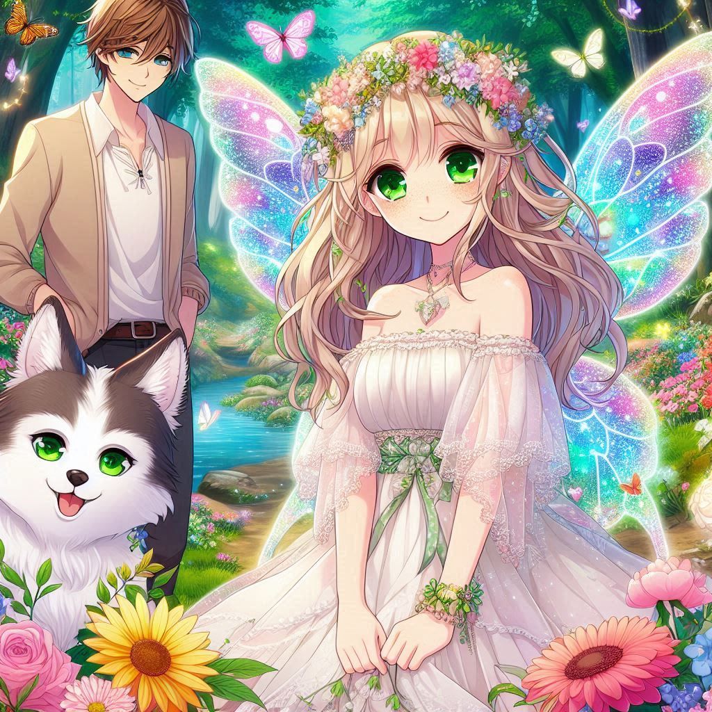 Wolfie, Moon, and Aurora in an Enchanted Forest