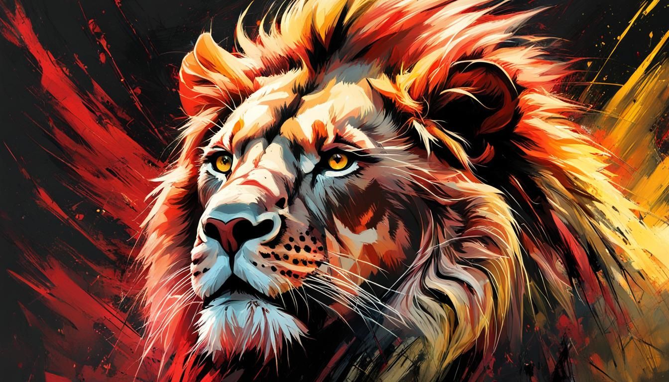 A portrait of a Lion with light yellow and red Background