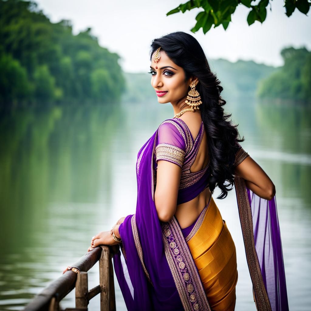 a beautiful indian women in sheer purple saree near river - AI ...