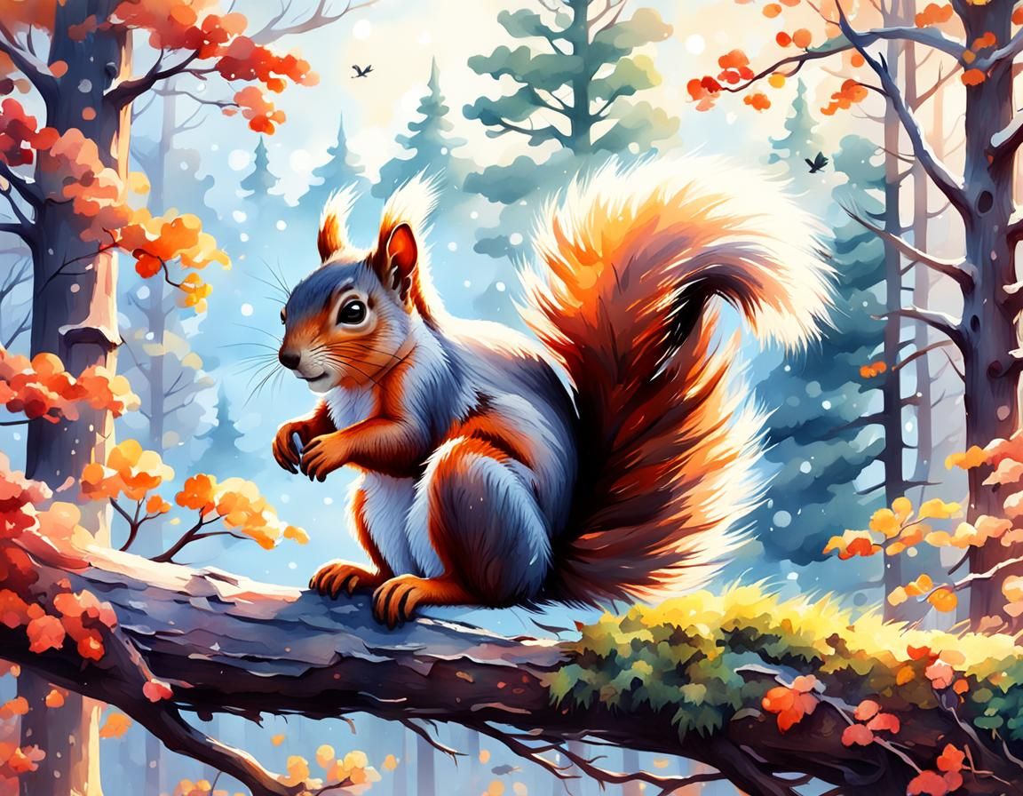 Squirrel in Tree Watercolor Painting with Dark Shadows