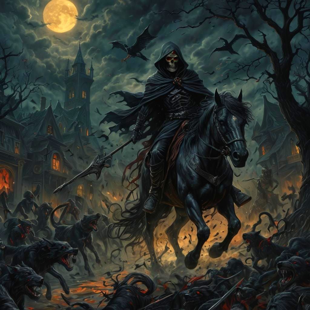   Grim Reaper gallop horse  rabid dogs flying demons   by @Polkovnik Shizo
