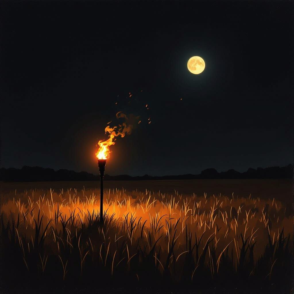 On a black night withou moon, stars, or sun, a lone old fashioned torch is the only light in the dark field. It is in the distance.