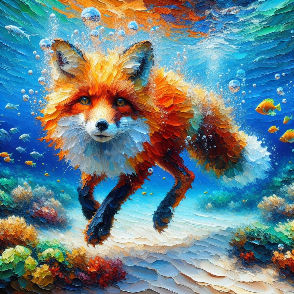Vibrant Impasto Oil Painting of a Russet-Furred Fox Swimming...