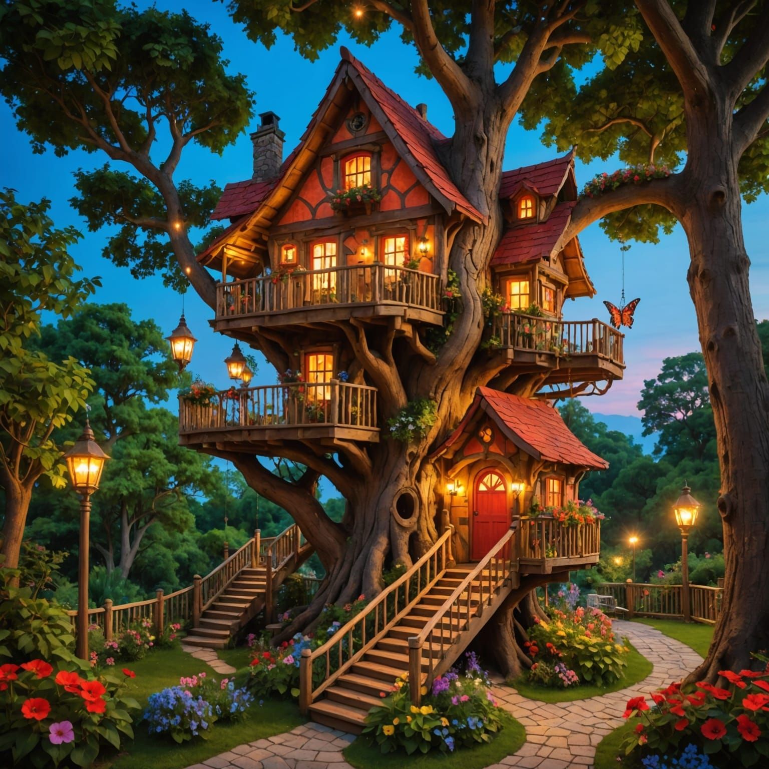 A whimsical treehouse nestled in a large, gnarled tree, surrounded by vibrant flowers and lush greenery. The wooden stru...