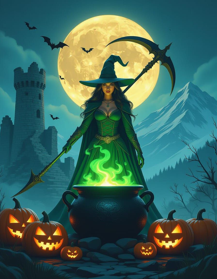 Witch Queen stands in front of a green glowing cauldron