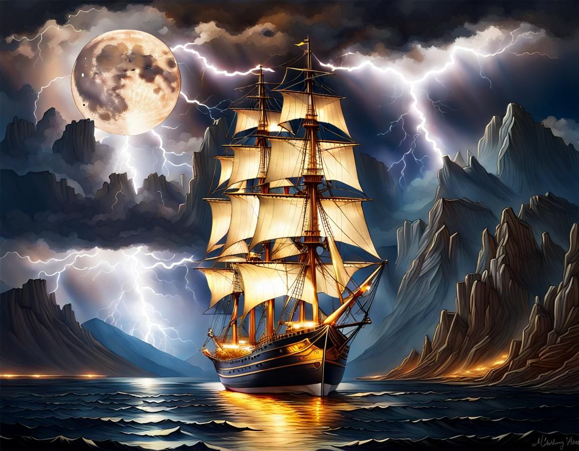 gold  moon tallship lightning  mountains