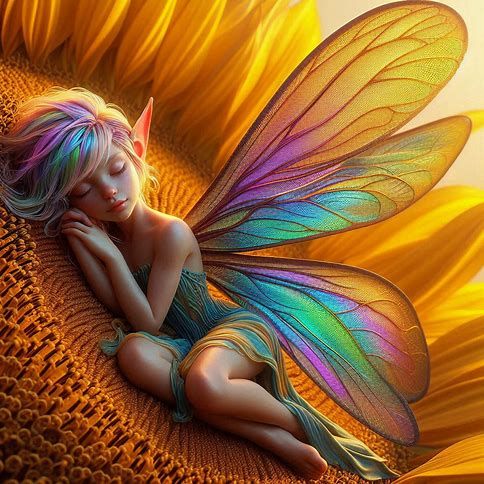 Little elf sleeps on a sunflower r