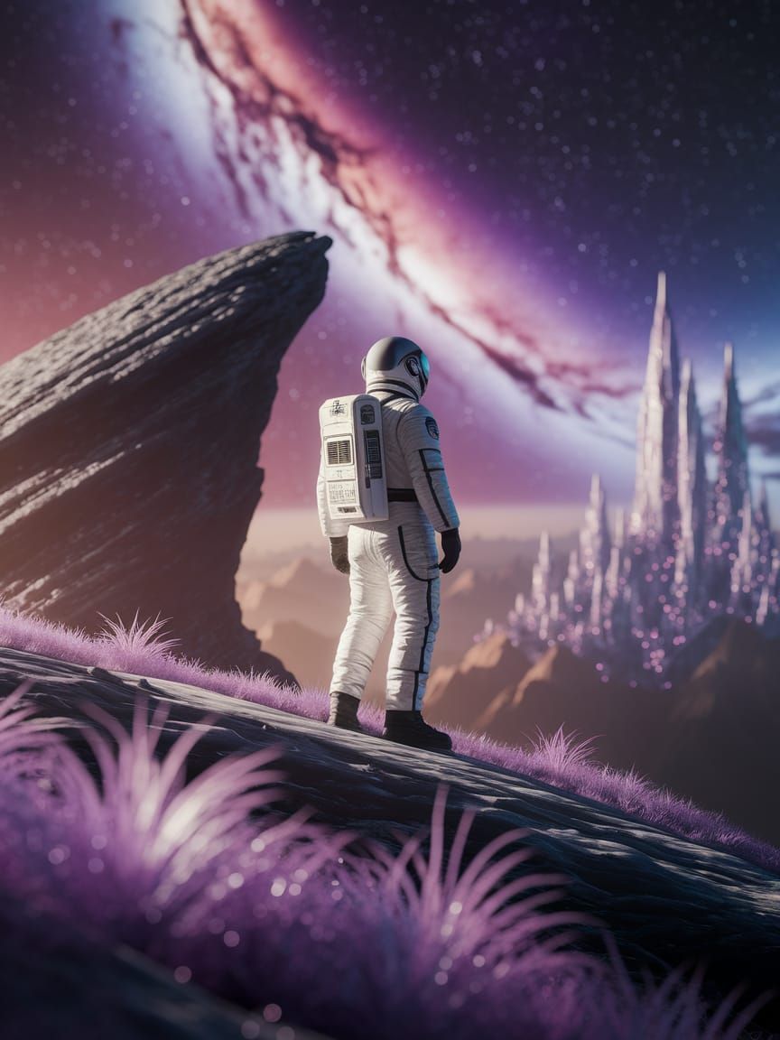 A lone astronaut stands on the edge of a colossal, crystalline asteroid, gazing out at a vibrant, swirling nebula. The asteroid itself is te...