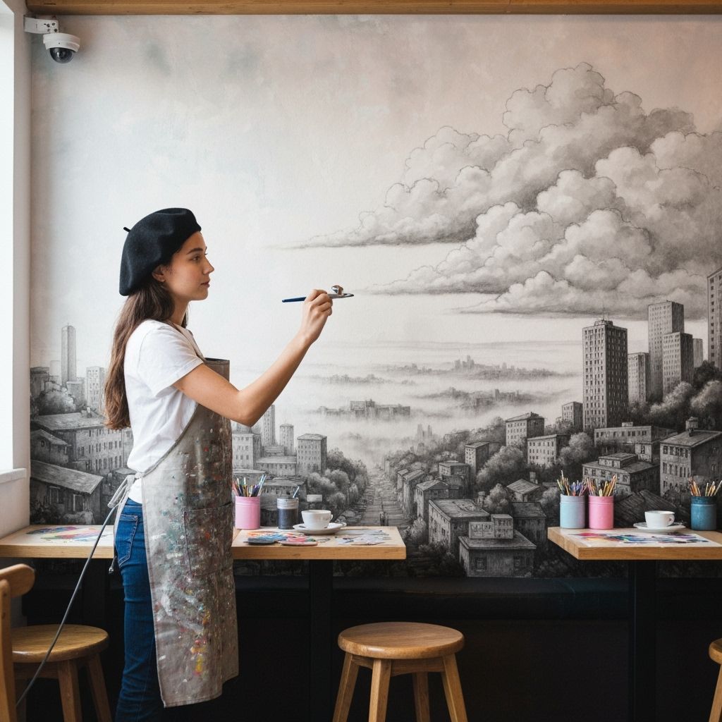 girl draws with an airbrush On the wall of a cafe there is a city landscape, made in pastel colors. Clouds in the sky smoothly flow into eac...
