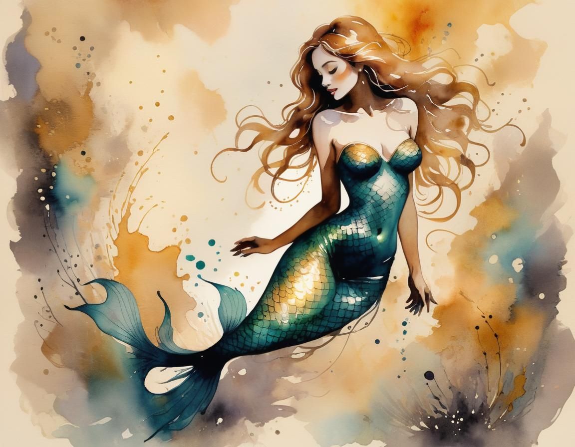 Ethereal Mermaid in Watercolor with Ink Outlines