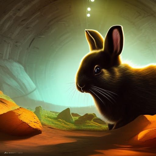 black Rabbit eating greens, in a tunnel, on Mars